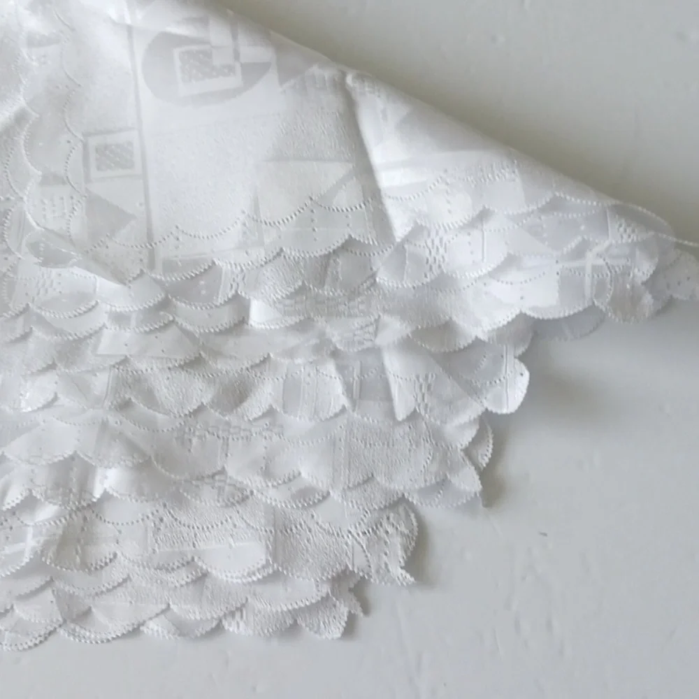 12 pc Table Napkins White Square Ornament detail Scalloped Edges 12